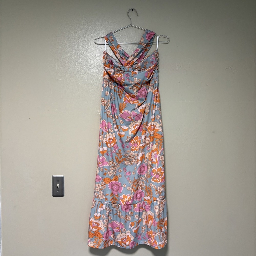 Grace Karin Halter Neck Babydoll Maxi Dress Medium Tiered Beach Resort Vacation